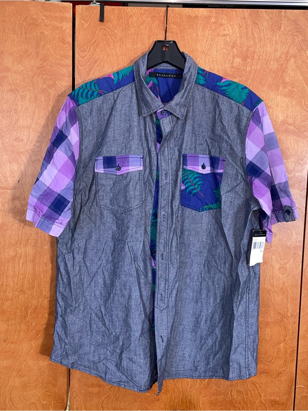 Sean John Gray Button-Down Shirt with Purple Plaid & Teal Accents